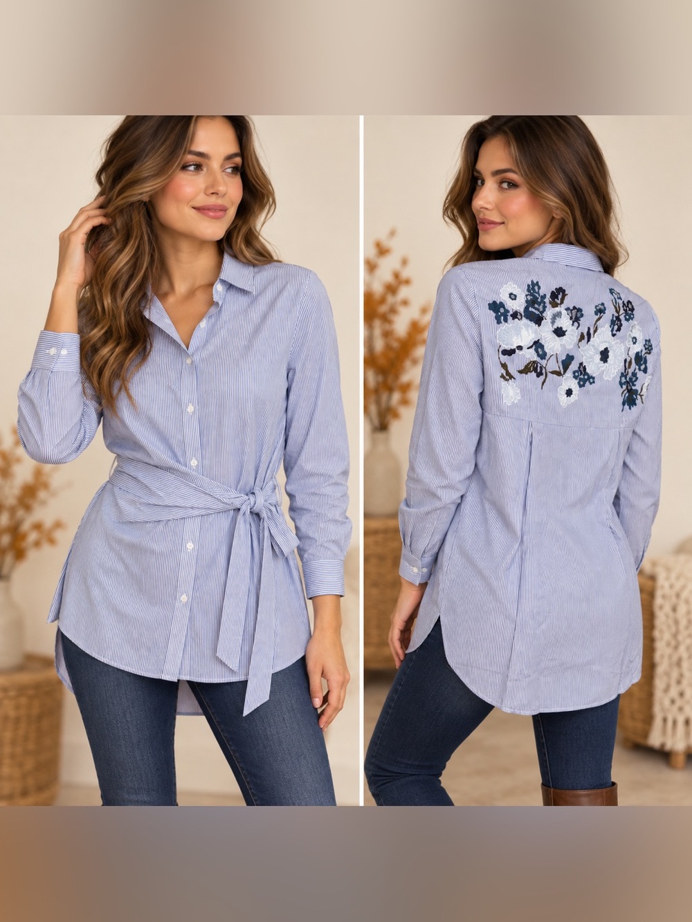 Zara Trafaluc Embroidered Floral Striped Tie Waist Tunic Shirt XS